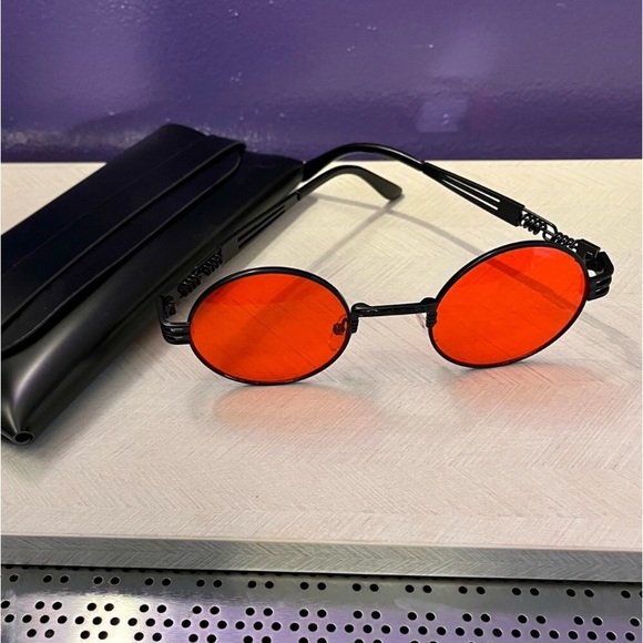 Black & red round shape gothic steam punk sunglasses + black leather pouch - Picture 11 of 15